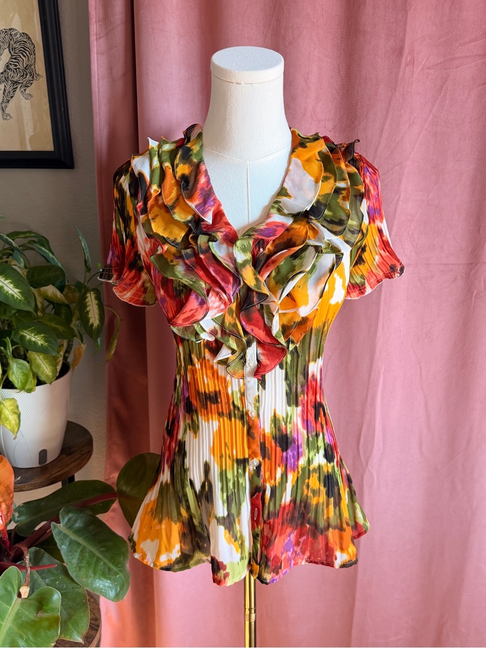 Vintage Y2K East 5th Multicolor Floral Ruffle Pleated Blouse